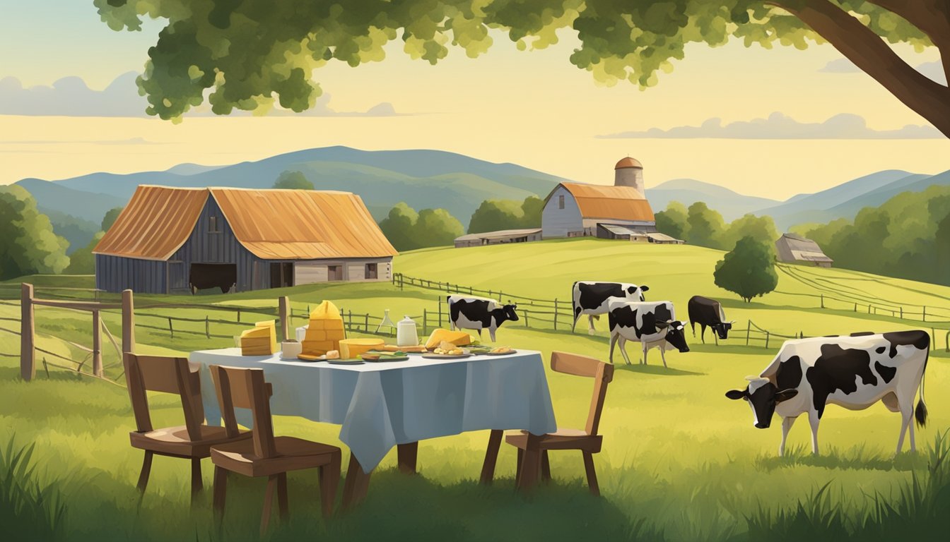 A rustic farm scene with cows grazing in a lush green pasture, a small cheese-making facility, and a table set with locally made artisan cheese