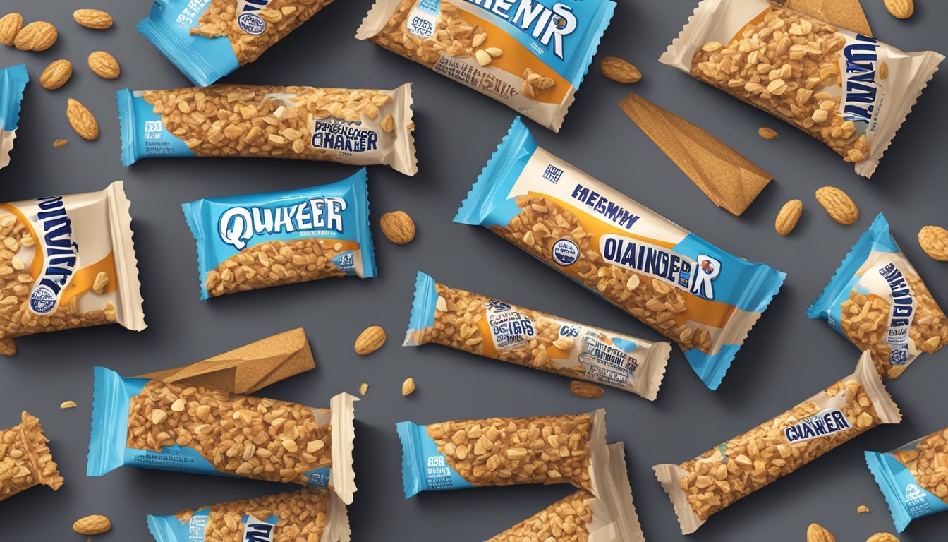 A pile of Quaker Chewy granola bars spilling out of an open box, with several empty wrappers scattered around