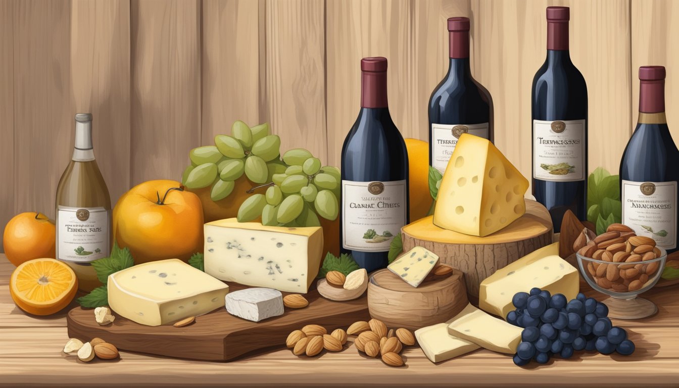 A rustic wooden table displays a variety of Tennessee artisan cheeses, accompanied by fresh fruits, nuts, and a bottle of wine