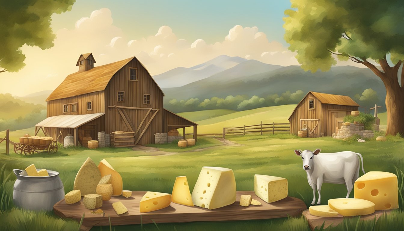 A rustic farm setting with rolling green pastures, a quaint cheese-making facility, and a display of various artisan cheeses