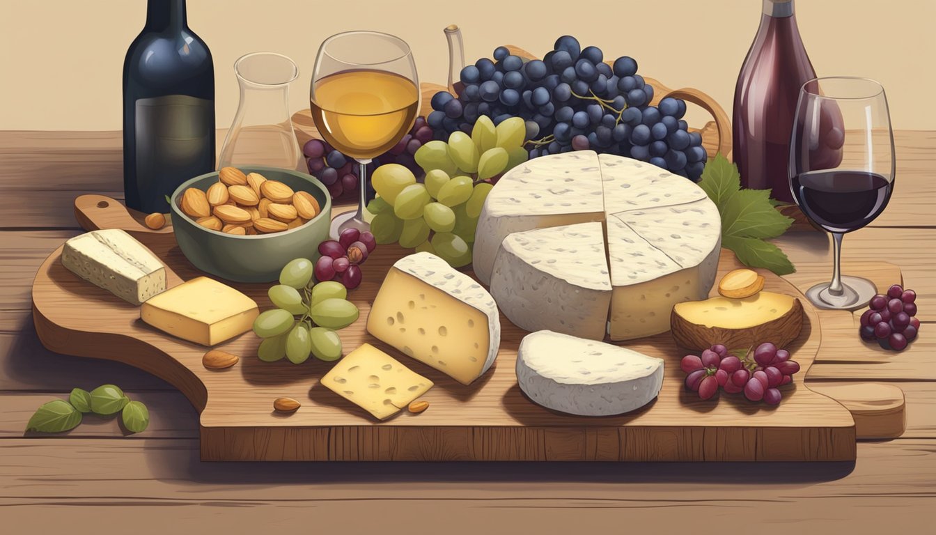 A rustic wooden table set with a variety of local artisan cheeses from South Dakota, accompanied by fresh fruits, nuts, and a bottle of wine