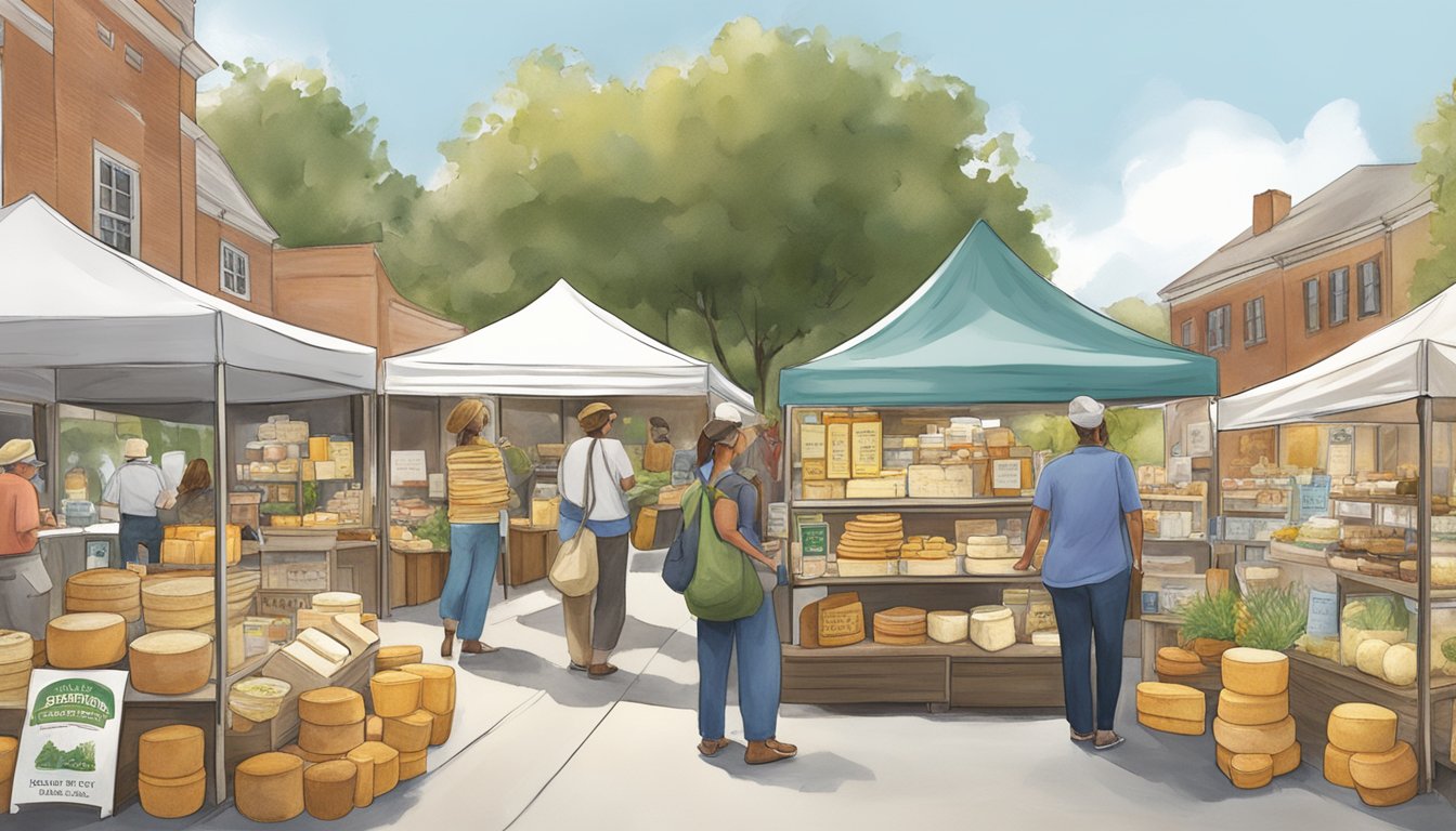 An outdoor market display of local artisan cheese with educational resources and events signage in South Carolina