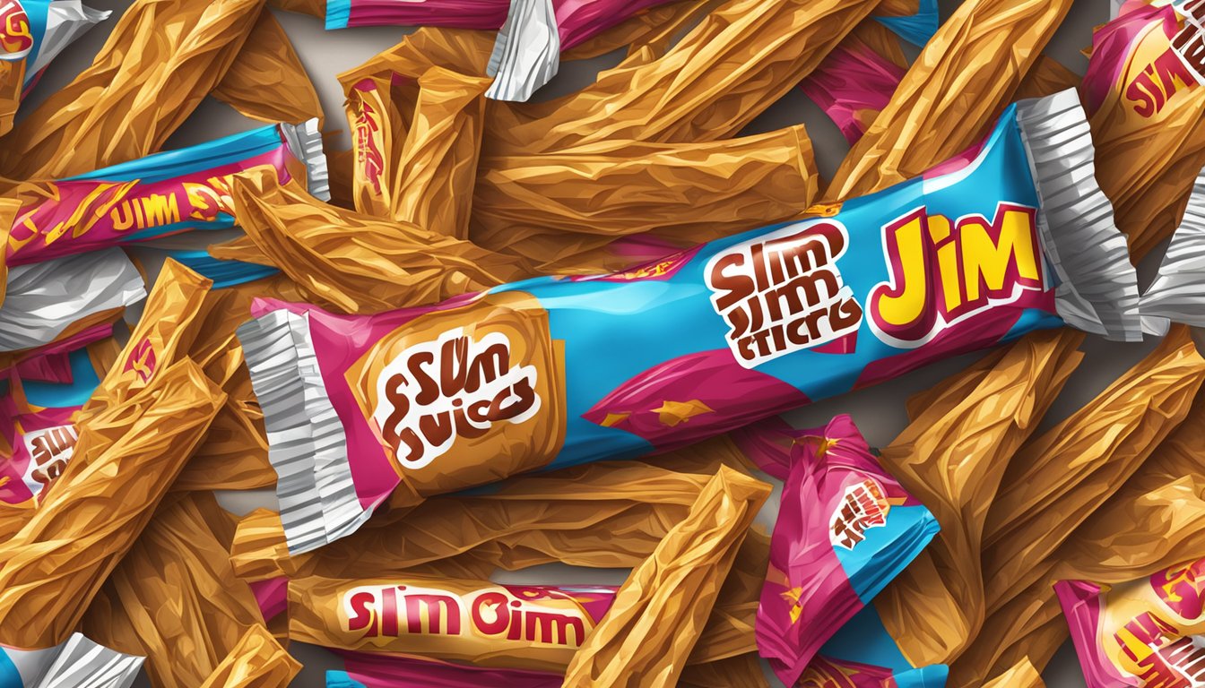 A pile of Slim Jim meat sticks overflowing from a crumpled wrapper, scattered on a table