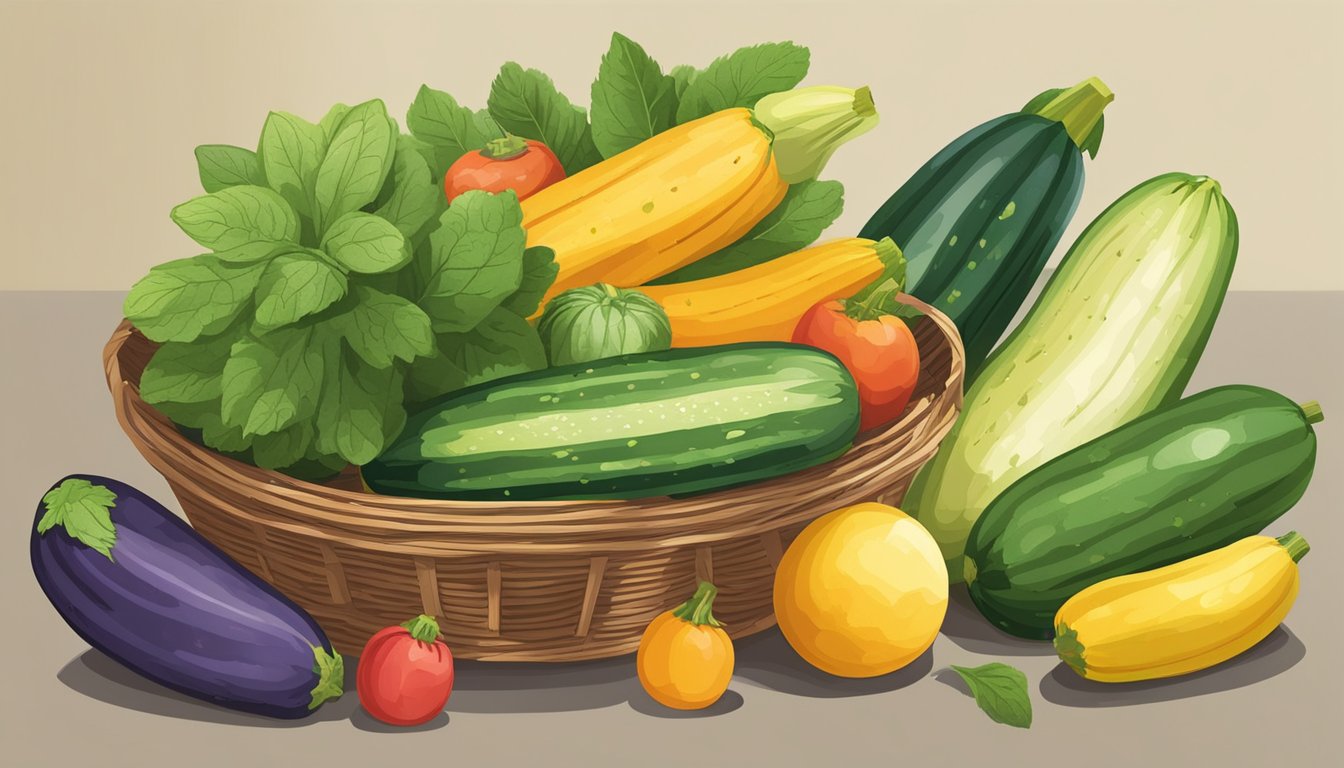 A colorful array of zucchinis arranged in a basket, with a measuring cup nearby indicating the recommended servings for optimal fiber intake