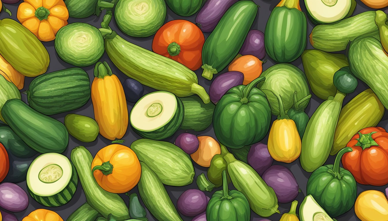 A colorful array of zucchinis piled on a wooden cutting board, with a measuring cup nearby