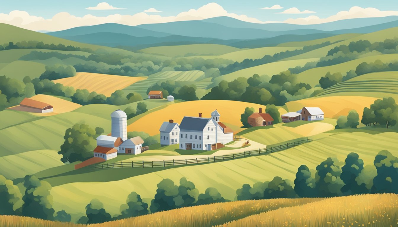 A scenic Virginia landscape with rolling hills, a rustic farm, and a quaint cheese shop showcasing local artisan cheeses