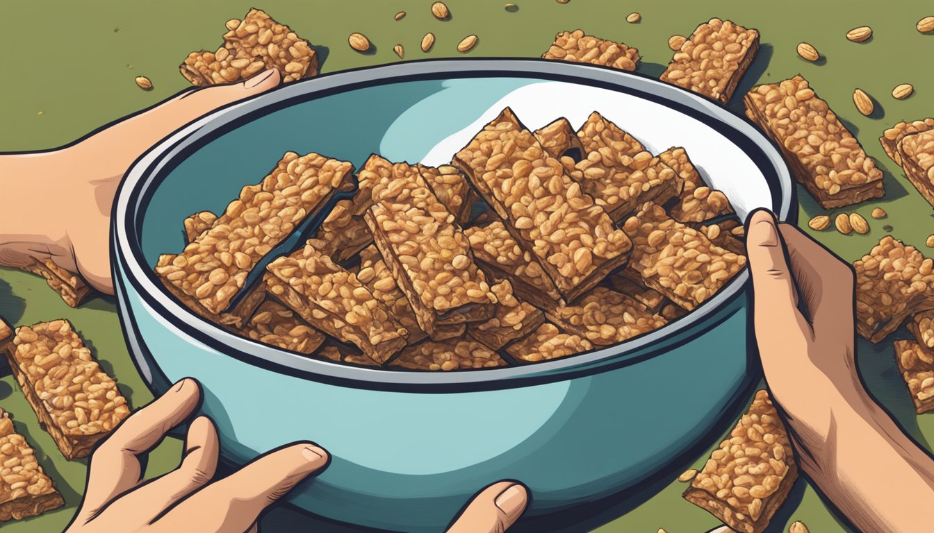 A pile of 88 Acres granola bars overflowing from a bowl, with a hand reaching for another bar