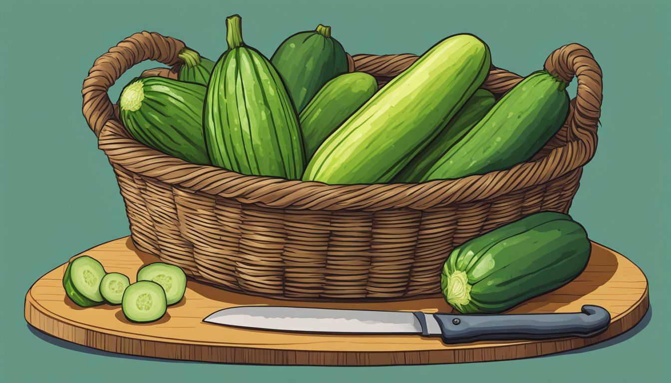 A colorful array of zucchinis arranged in a basket, with a knife and cutting board nearby