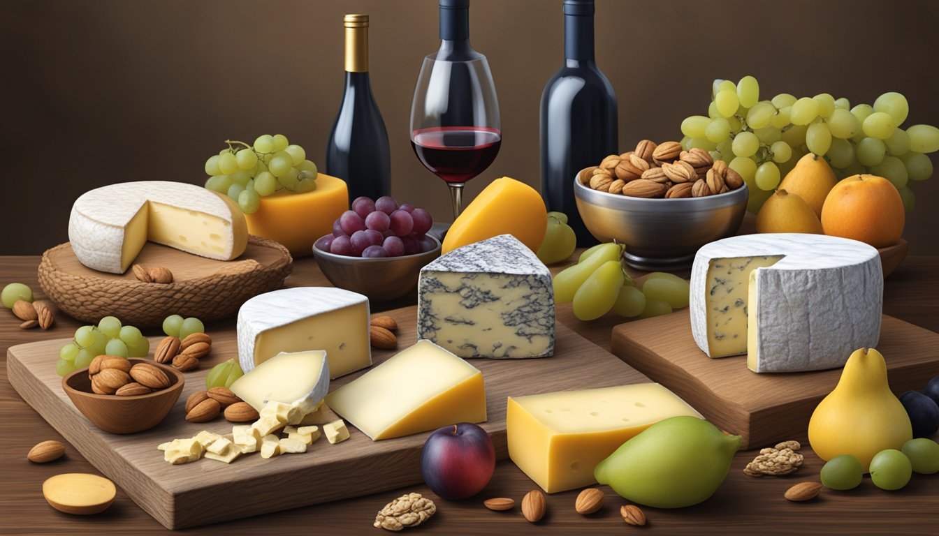 A rustic wooden table displays a variety of Virginia local artisan cheeses, accompanied by fresh fruits, nuts, and a bottle of wine