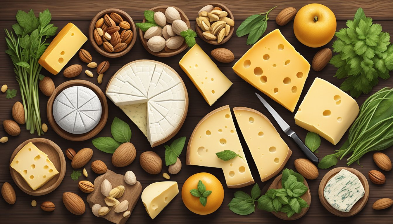 A rustic wooden table displays a variety of Virginia artisan cheeses, surrounded by fresh herbs, fruits, and nuts