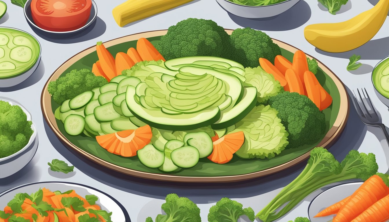 A colorful plate with sliced zucchinis arranged in a visually appealing manner, surrounded by other fiber-rich vegetables like broccoli and carrots