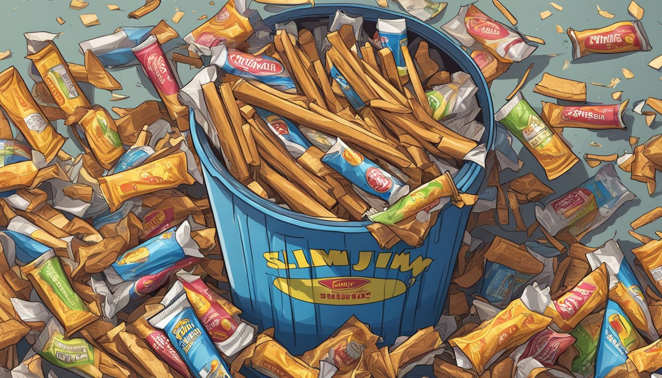 A pile of slim jim meat sticks overflowing from a trash can, surrounded by littered wrappers and a sad-looking animal