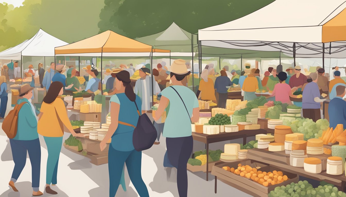 A bustling farmers market with colorful stalls showcasing an array of Vermont artisan cheeses, surrounded by eager customers sampling and purchasing their favorite varieties