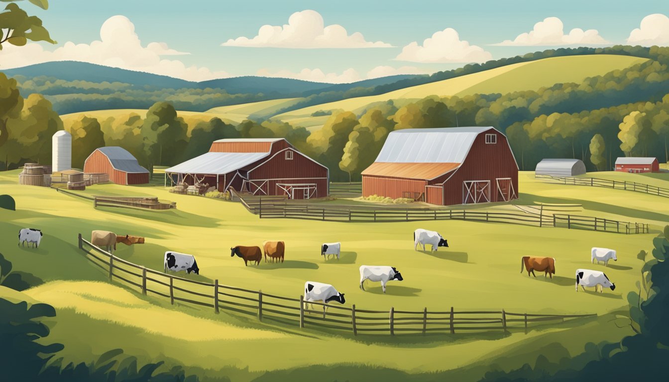 A rustic Virginia farm with rolling hills and grazing cows, surrounded by small artisan cheese production facilities