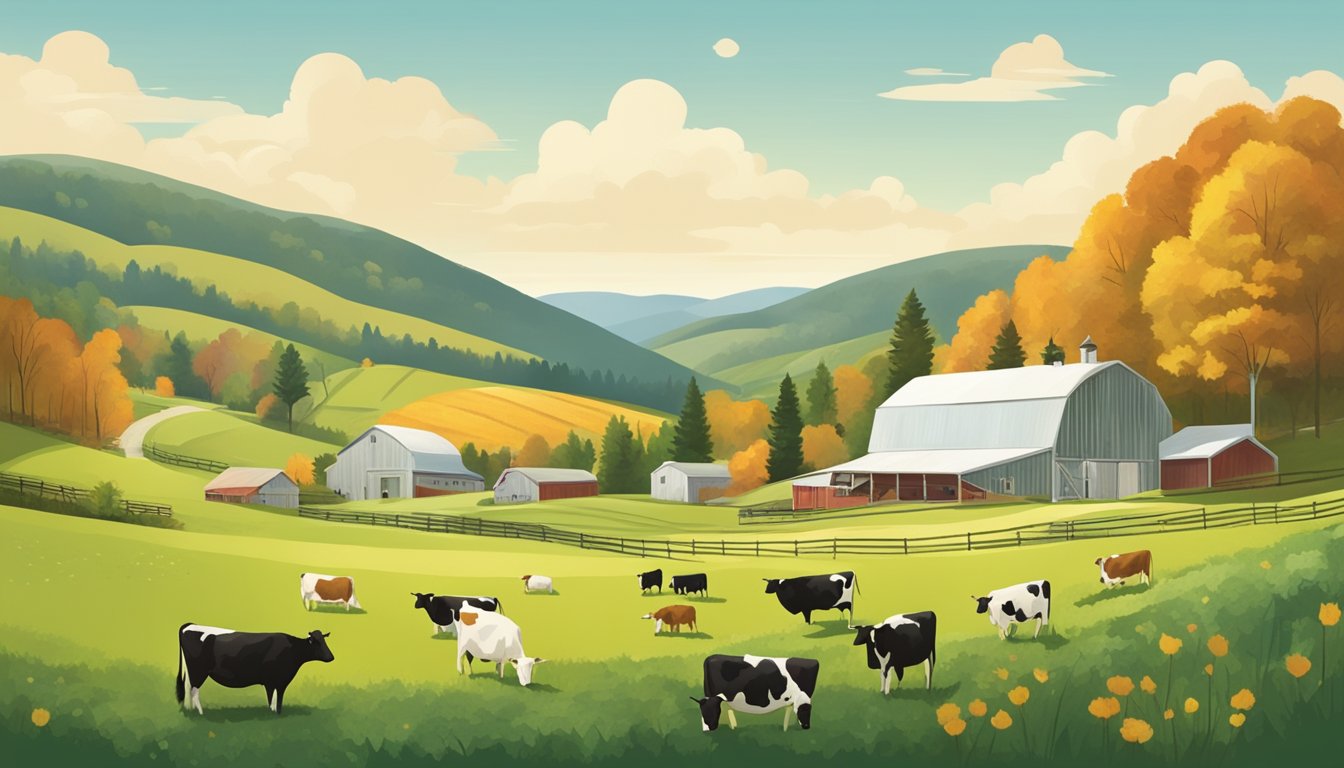 A scenic Vermont farm with rolling hills, cows grazing in lush pastures, and a small artisan cheese production facility powered by renewable energy sources