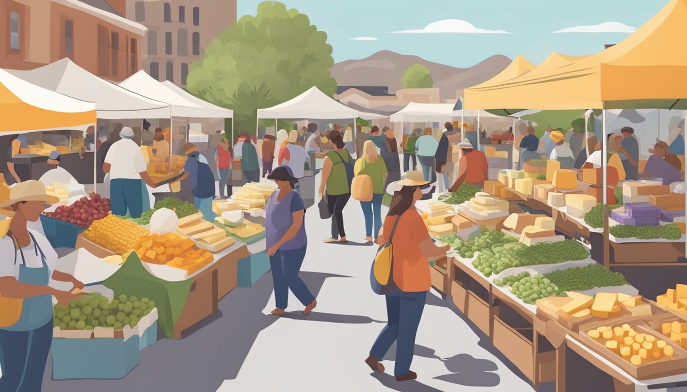 A bustling farmer's market with colorful stalls selling a variety of Utah artisan cheeses. Customers sample and purchase cheese from local vendors