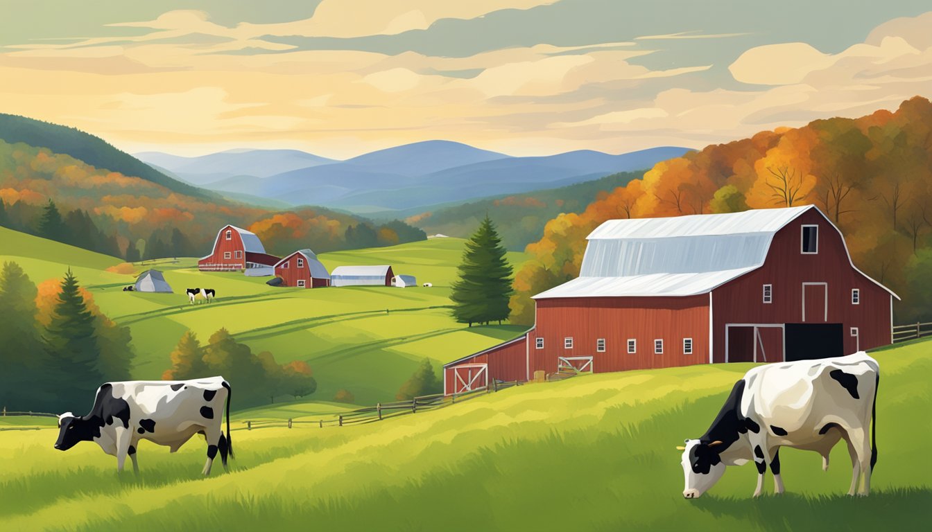 A picturesque Vermont farm with rolling green hills, a rustic barn, and a herd of dairy cows grazing in the fields, surrounded by the iconic landscape of the Green Mountains