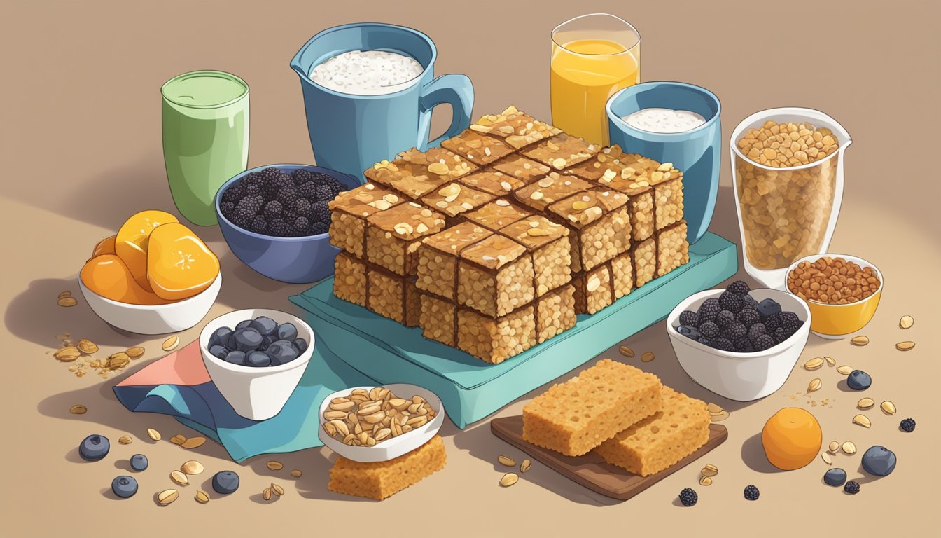 A pile of kind breakfast bars surrounded by various ingredients, with a scale showing excessive servings