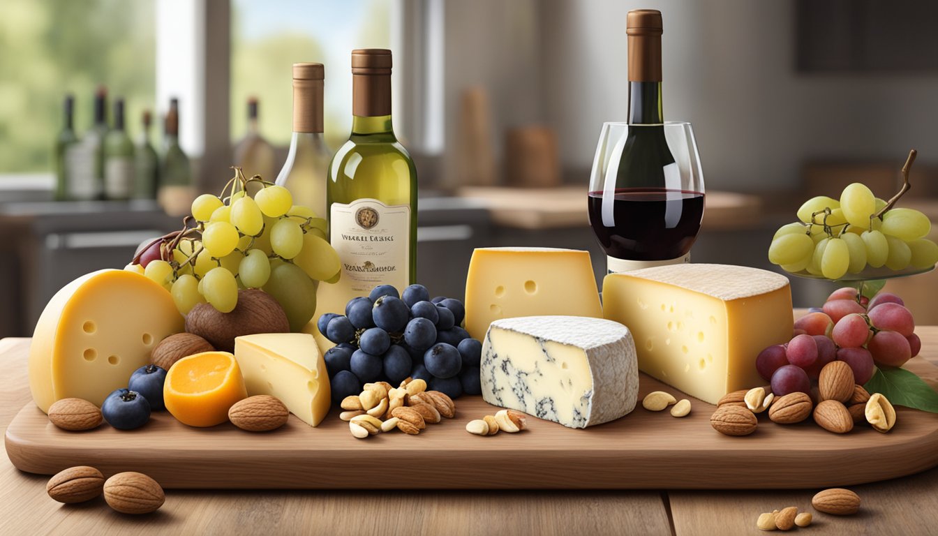 A wooden board displays a variety of Virginia local artisan cheeses, accompanied by fresh fruits, nuts, and a bottle of wine