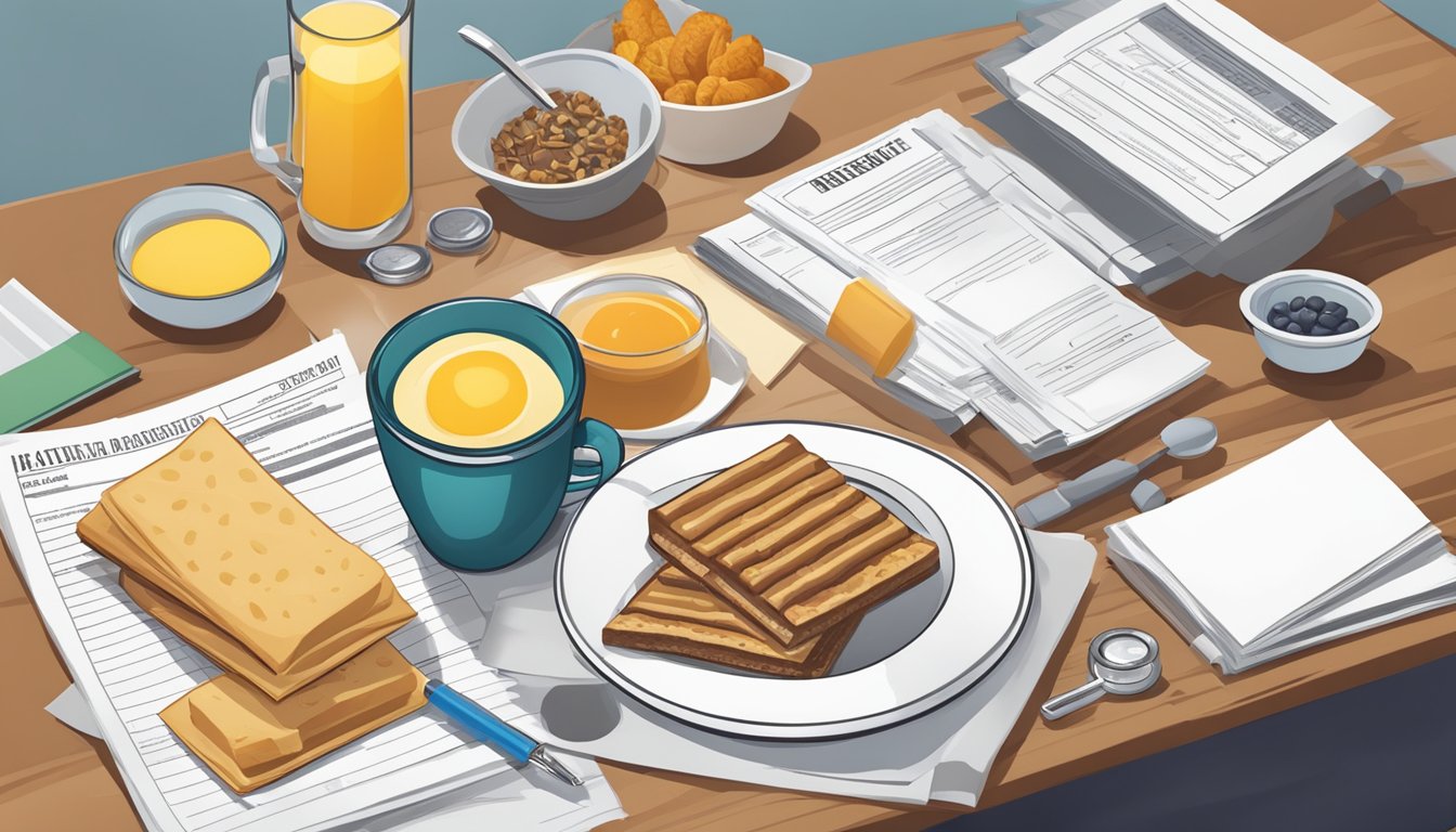 A table with an array of Kind breakfast bars, a measuring tape, and a pile of medical research papers on health benefits and risks