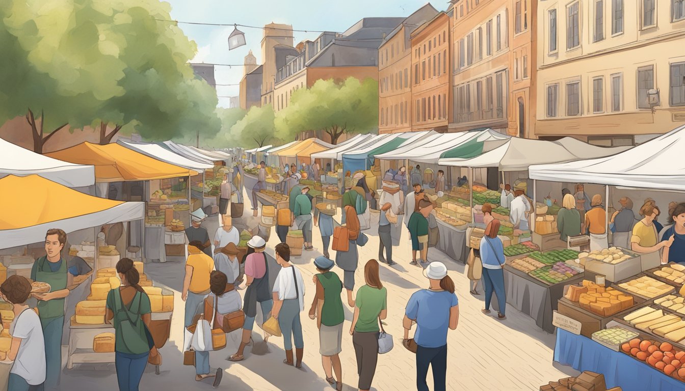 A bustling farmers' market with a variety of artisan cheese vendors, surrounded by tourists and locals sampling and purchasing goods