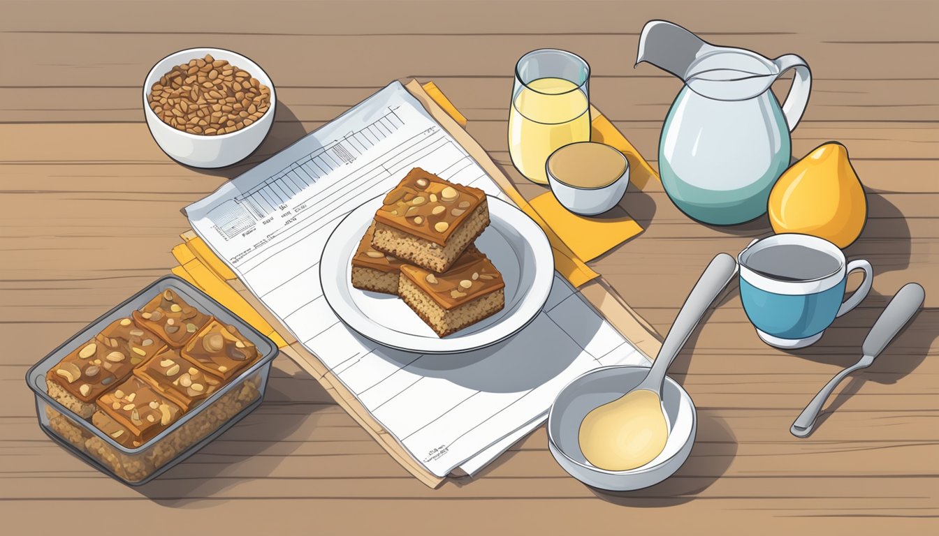 A table with an assortment of Kind breakfast bars, a measuring cup, and a dietary chart with serving sizes