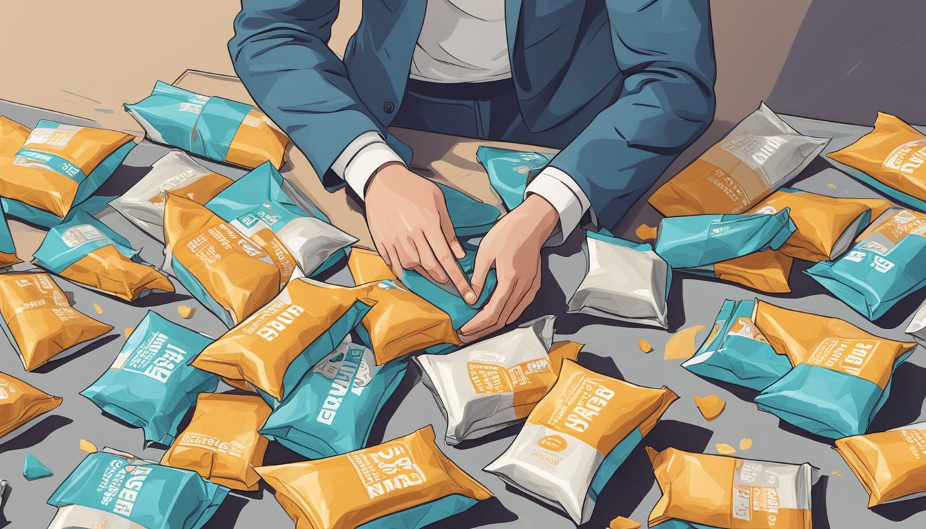 A person surrounded by empty Kind breakfast bar wrappers, with a pile of uneaten bars nearby