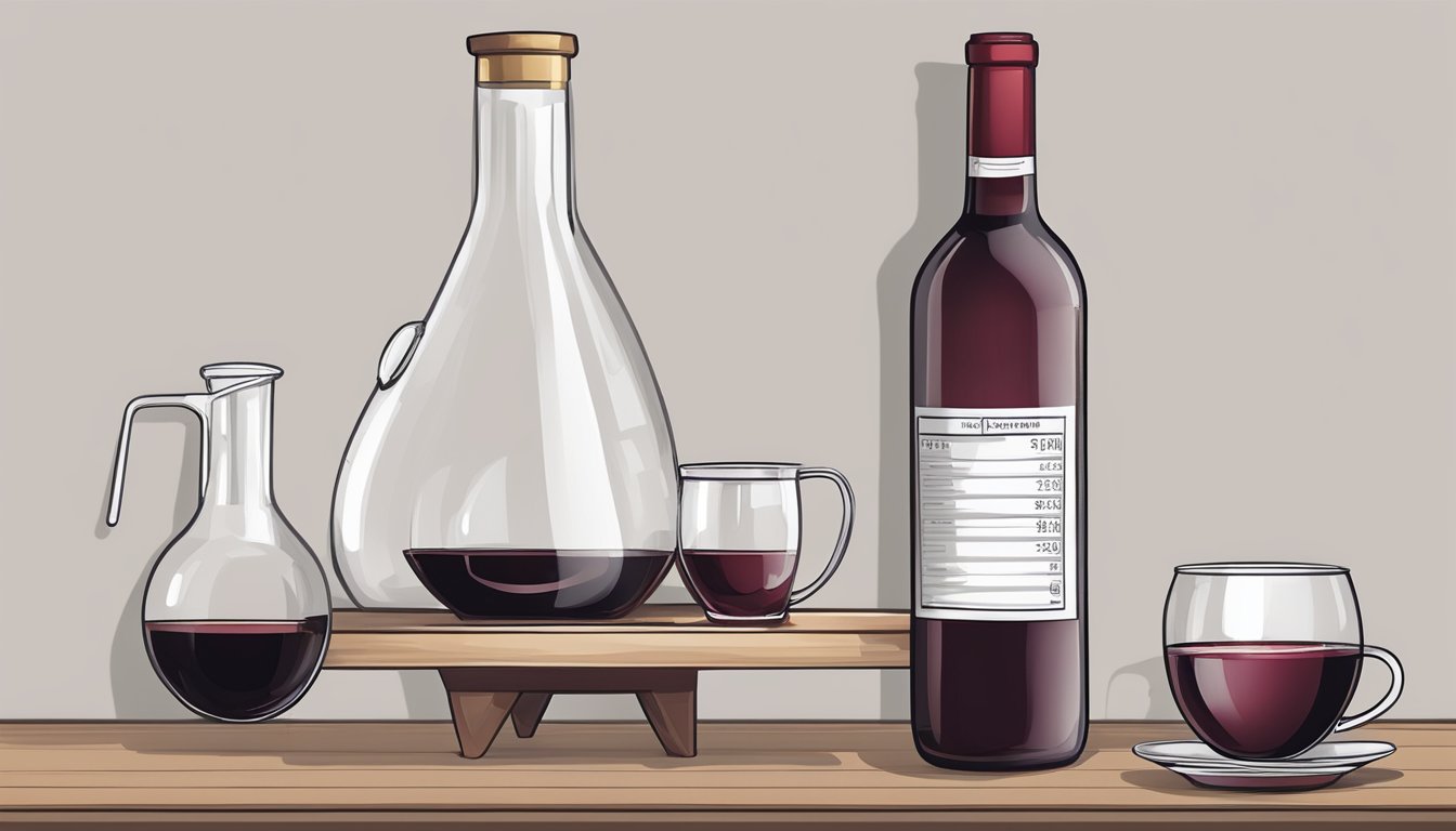 A table with a bottle of red wine, a wine glass, and a measuring cup. The measuring cup is pouring out more than the recommended serving size