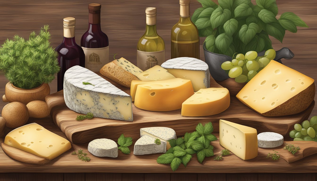 A rustic wooden table displays a variety of artisan cheeses from West Virginia, surrounded by fresh herbs, fruits, and a bottle of wine