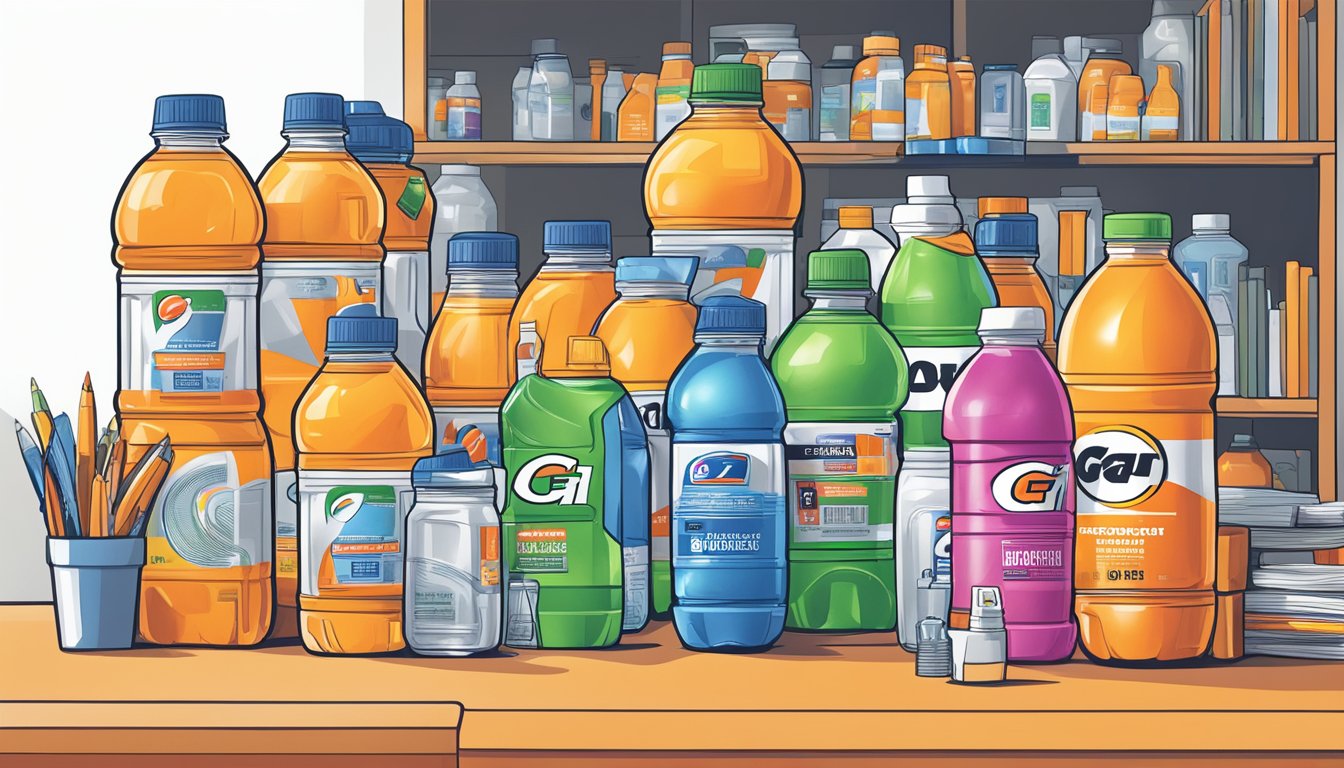 A stack of empty Gatorade bottles piling up next to a person's desk