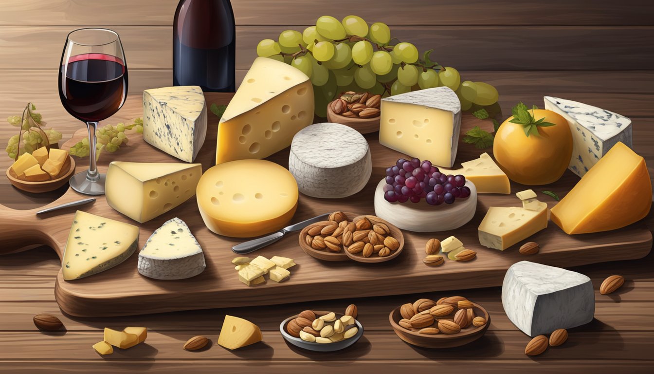 A rustic wooden board displays a variety of local artisan cheeses from Washington, accompanied by fresh fruits, nuts, and a selection of wines for pairing