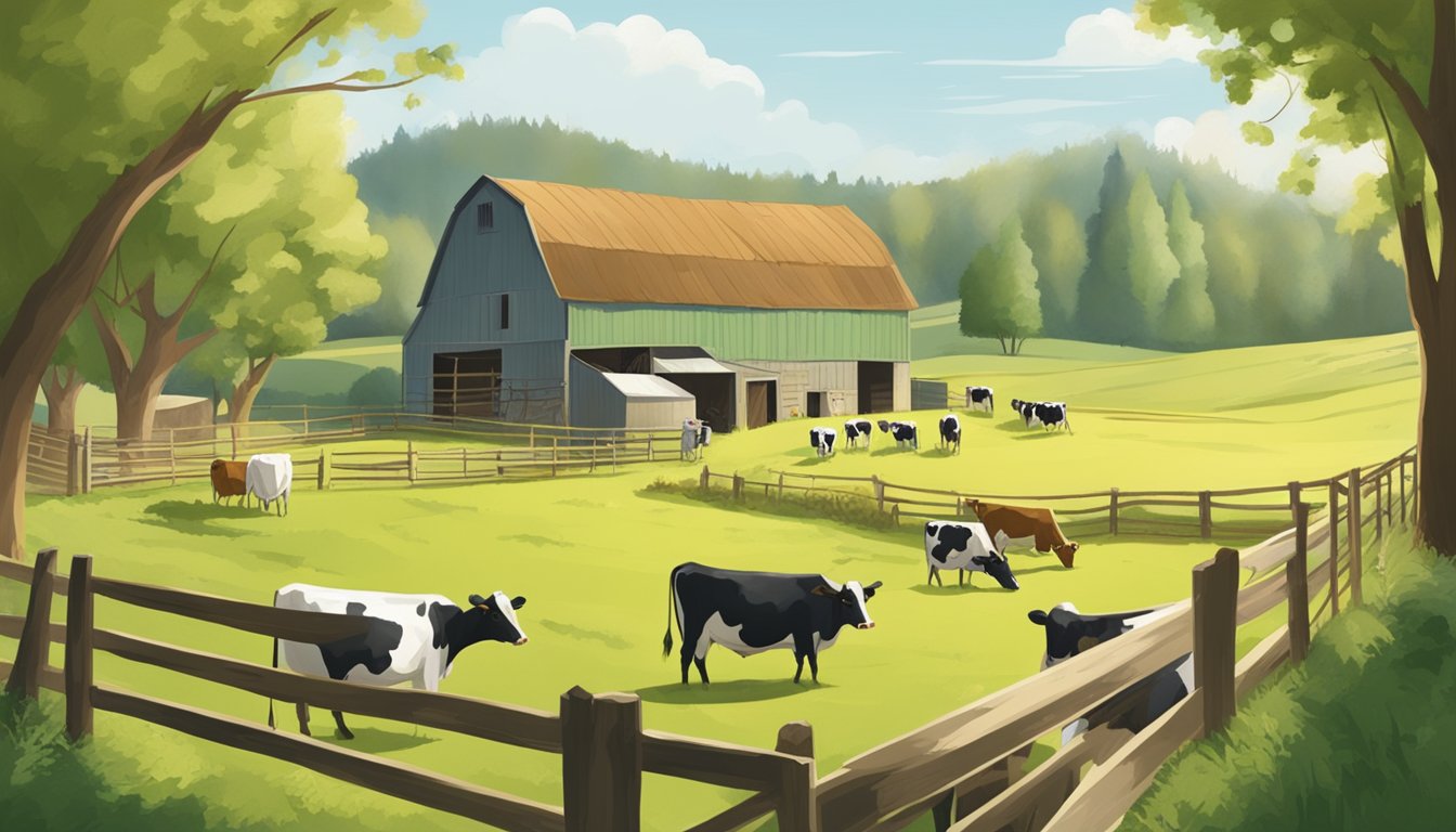 A rustic barn with cows grazing in a green pasture, while a cheesemaker tends to the cheese vats inside