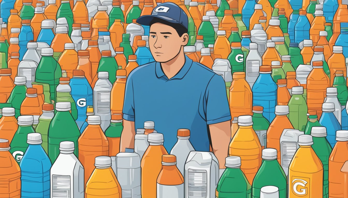 A person surrounded by multiple bottles of Gatorade, water, and other hydration options, with a concerned expression while holding a bottle of Gatorade