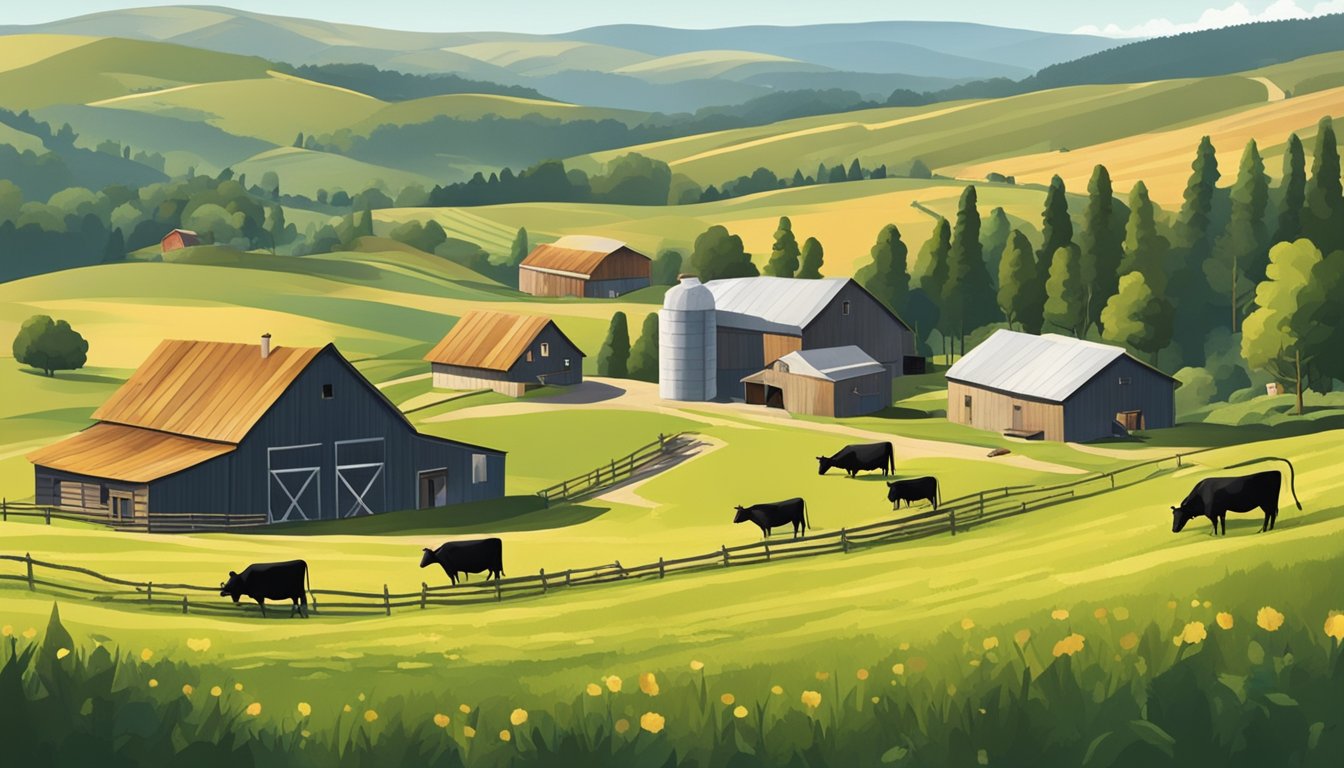 A rustic farm scene with rolling hills, cows grazing, and a small cheese-making facility nestled in the countryside