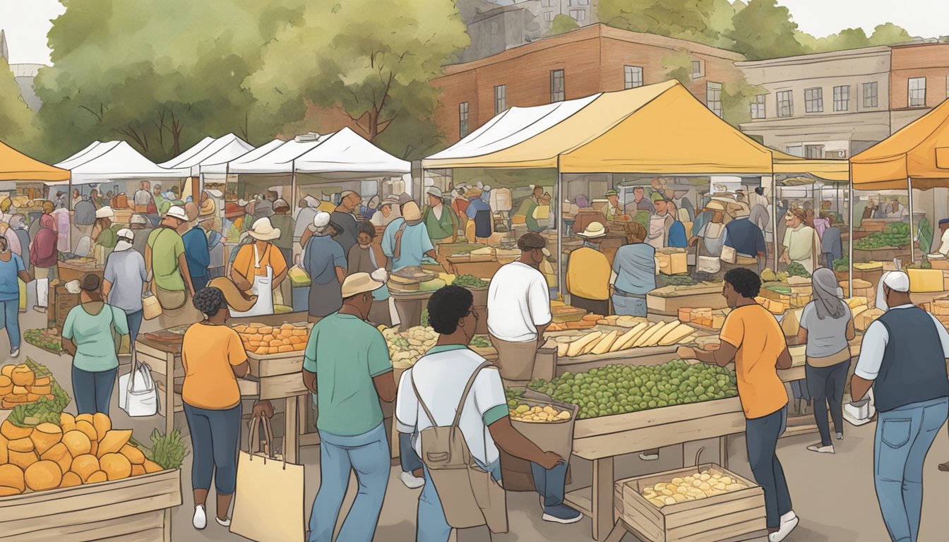 A bustling farmers market with vendors showcasing local artisan cheese at an educational event hosted by Washington