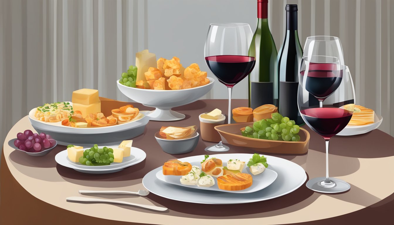 A table with multiple empty wine glasses, a bottle of red wine, and various appetizers