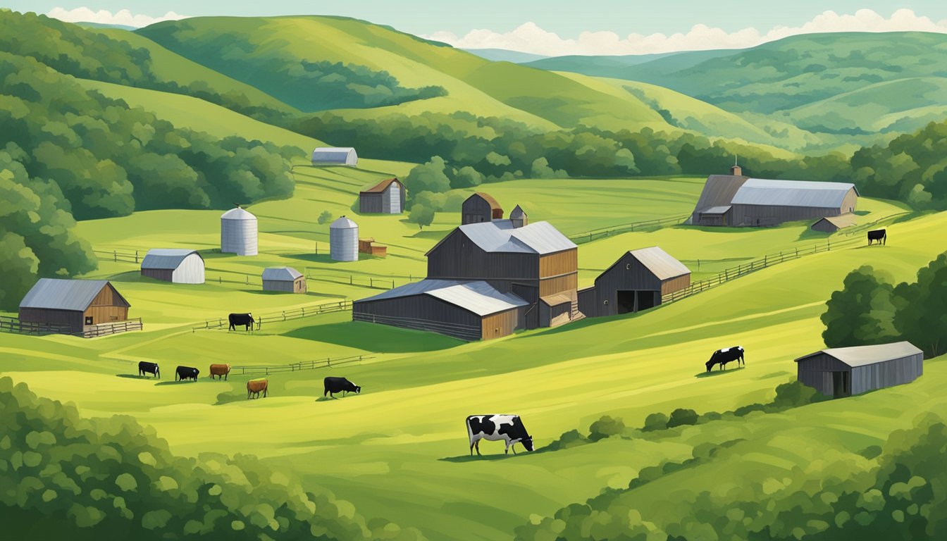 Rolling hills dotted with grazing cows, rustic barns, and a small cheesemaking facility nestled in the lush, green landscape of West Virginia