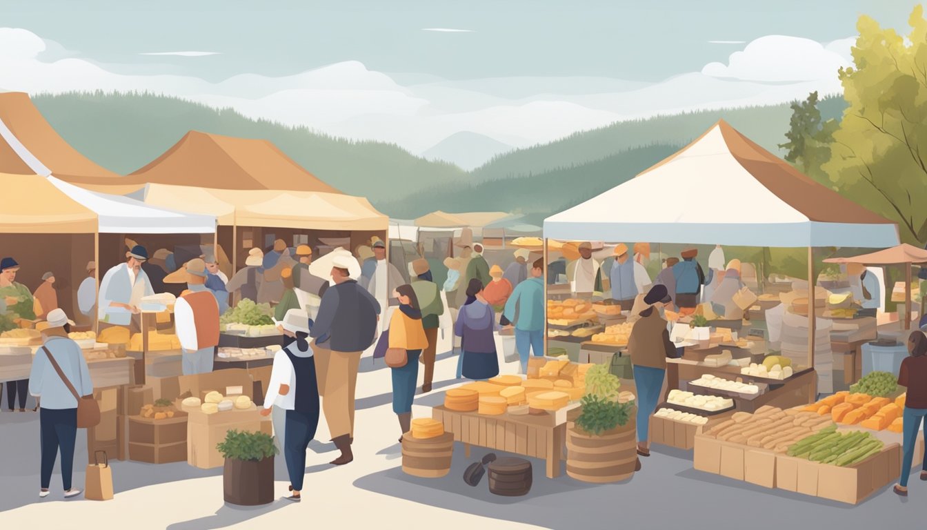 A bustling farmers market with vendors and customers sampling and purchasing locally made artisan cheeses