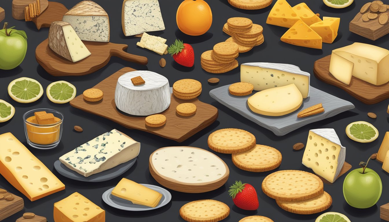 A rustic wooden table displays a variety of local artisan cheeses from West Virginia, accompanied by fresh fruits and a selection of crackers