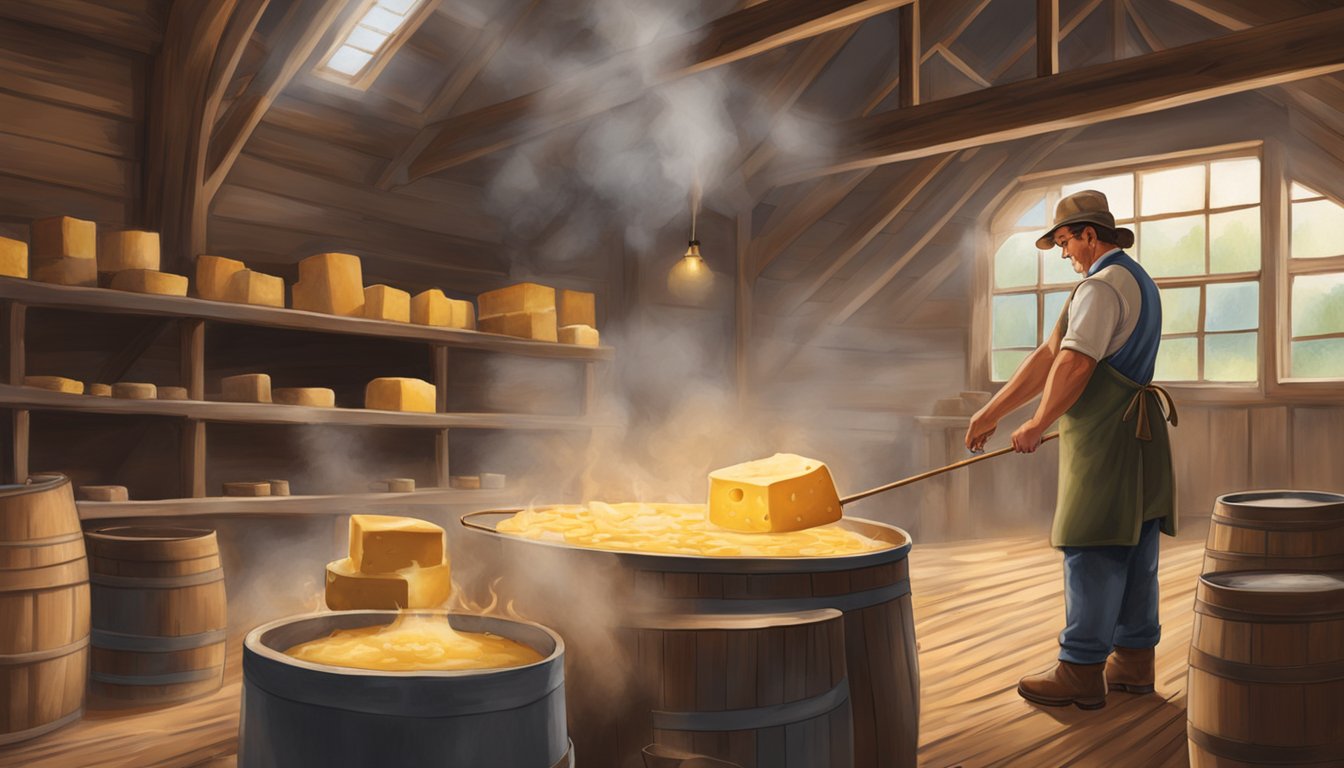 A cheese maker carefully stirring a large vat of milk over a wood fire in a rustic Wisconsin dairy barn