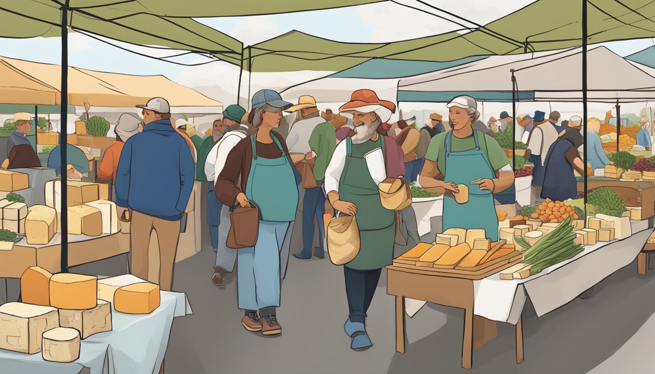 A bustling farmers market with vendors selling locally made artisan cheeses in Washington state. The market is filled with customers browsing and purchasing goods