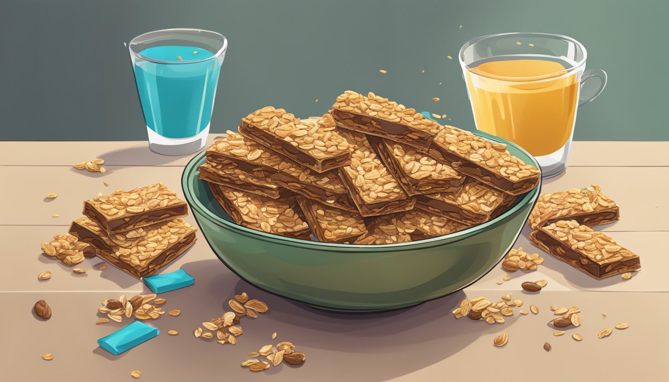 A pile of madegood granola bars spilling out of an overflowing bowl, with a few scattered on the table