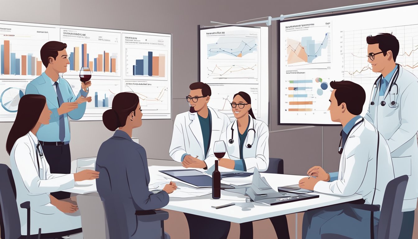 A group of healthcare professionals discussing red wine servings, with charts and graphs displayed on a large screen