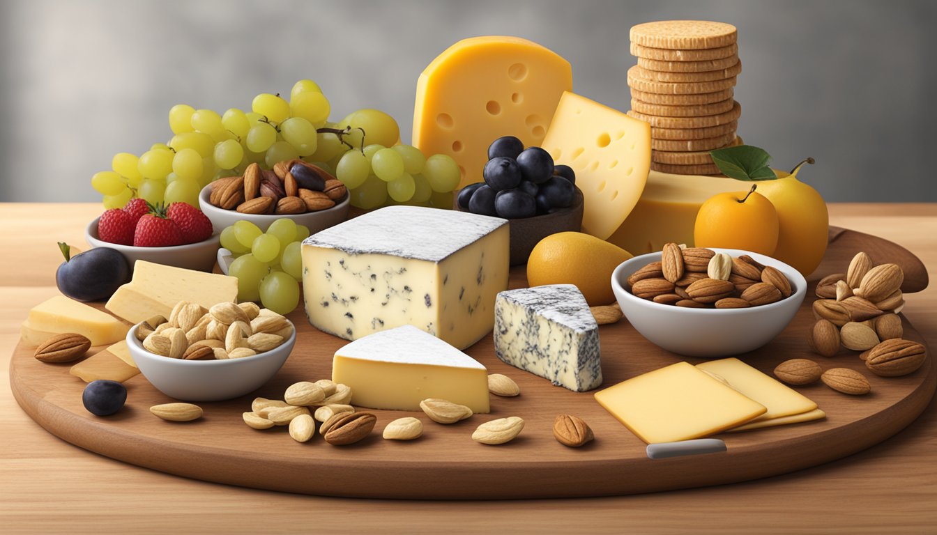 A display of award-winning Wisconsin cheeses, arranged on a wooden board with various accompaniments such as fruits, nuts, and crackers