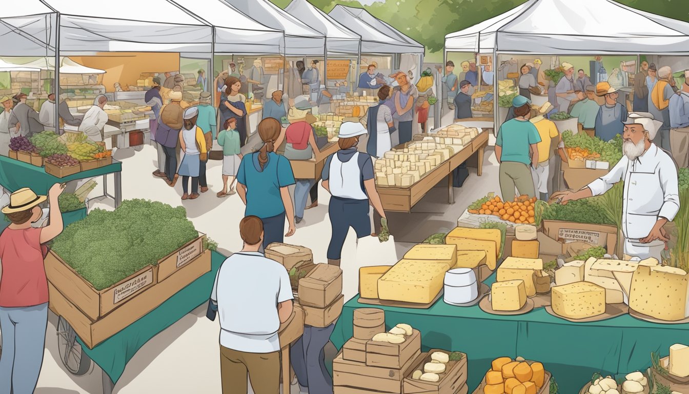 A bustling farmers market with a variety of locally made cheeses on display, surrounded by eager customers and educational signage about the cheese-making process