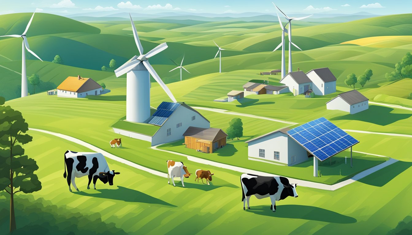 Rolling hills, lush green pastures, cows grazing, wind turbines in the distance, small cheese-making facility with solar panels