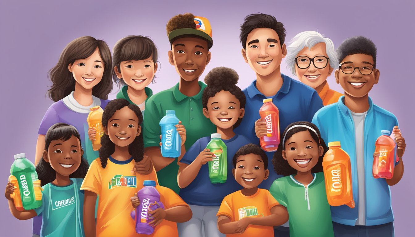 A diverse group of people, including children, teens, adults, and seniors, each holding multiple bottles of Gatorade