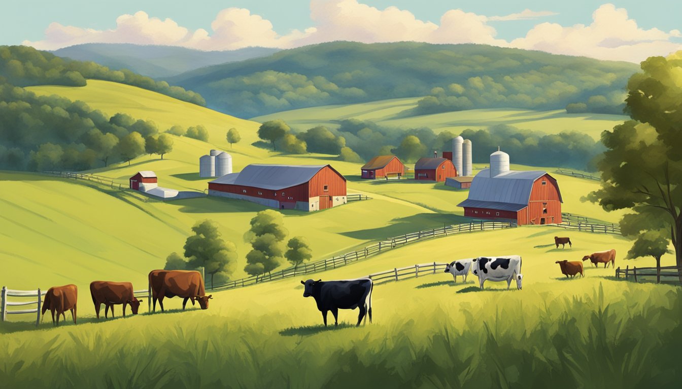 A picturesque West Virginia farm with rolling hills and grazing cows, a small creamery building in the distance, and a charming farmer tending to his herd