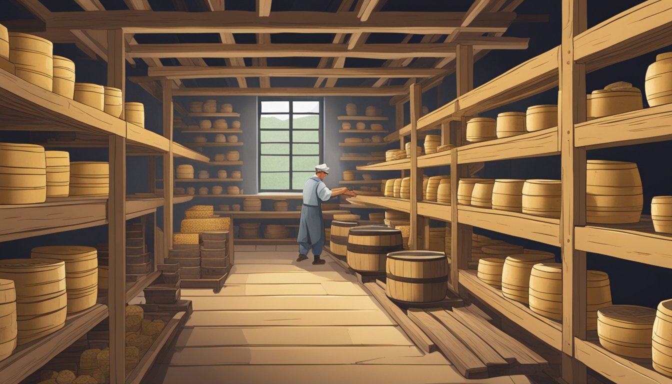 A rustic Wyoming cheese cellar filled with aging wheels and rows of wooden shelves, while a cheesemaker carefully tends to the artisanal process