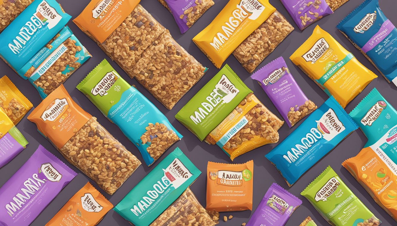 A colorful display of various madegood granola bar flavors, stacked in neat rows, with a question mark hovering above, indicating an excessive amount